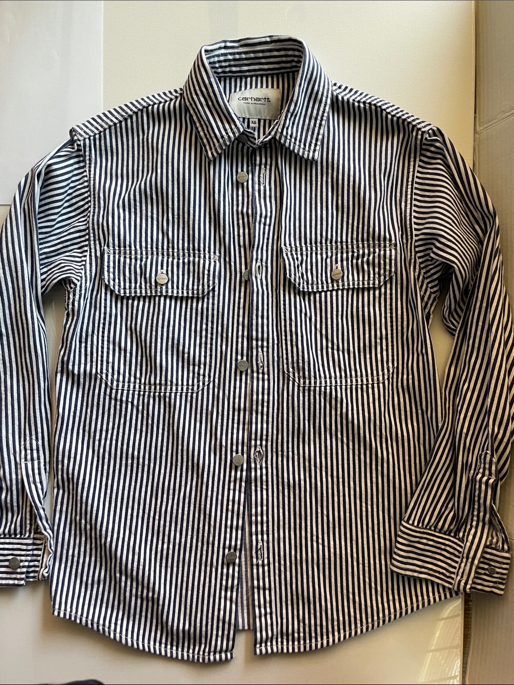 Carhartt Blue and White Striped Women's Button Down Shirt